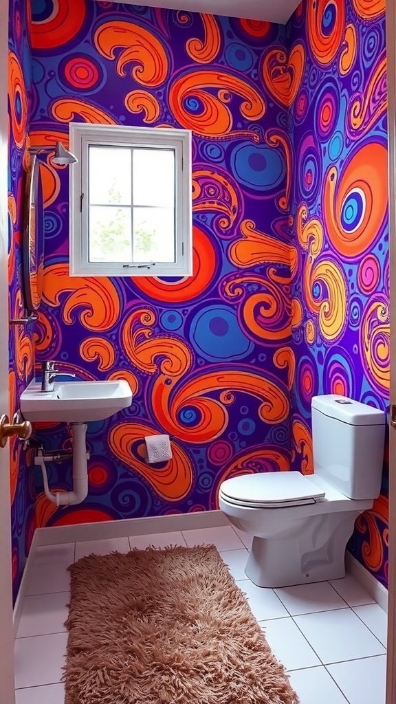 A bathroom with vibrant psychedelic wallpaper in orange, purple, and blue swirls.