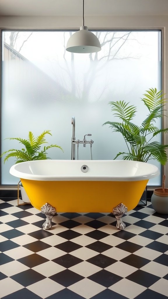 A bright yellow freestanding bathtub with elegant claw feet, situated on a black and white checkered floor, surrounded by green plants, under a pendant light.