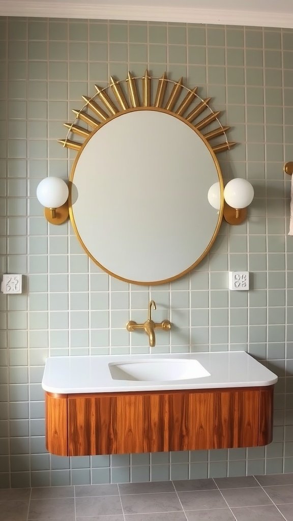A starburst wall mirror with golden rays above a modern wooden vanity and green tiled wall.