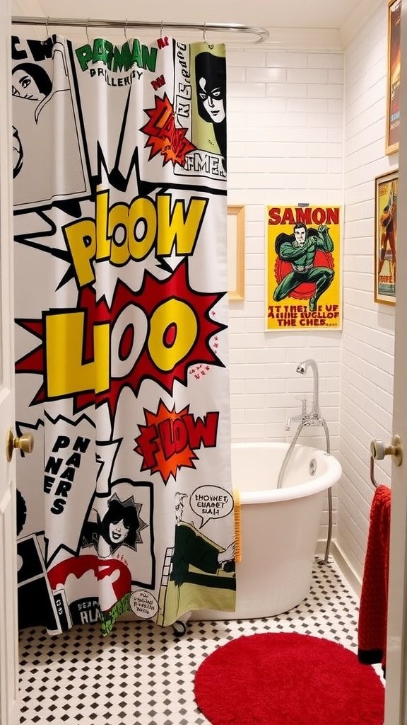 A bathroom featuring a vibrant pop art shower curtain with comic book graphics, a vintage tub, and a chic bath mat.