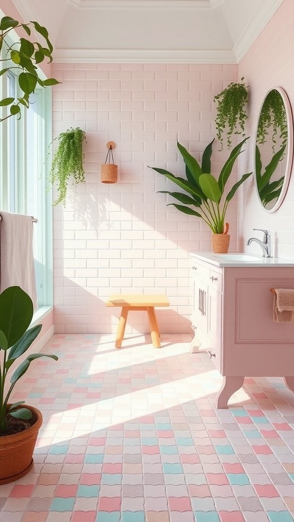 A stylish bathroom with pastel colored tile floors, pink wall tiles, and green plants.