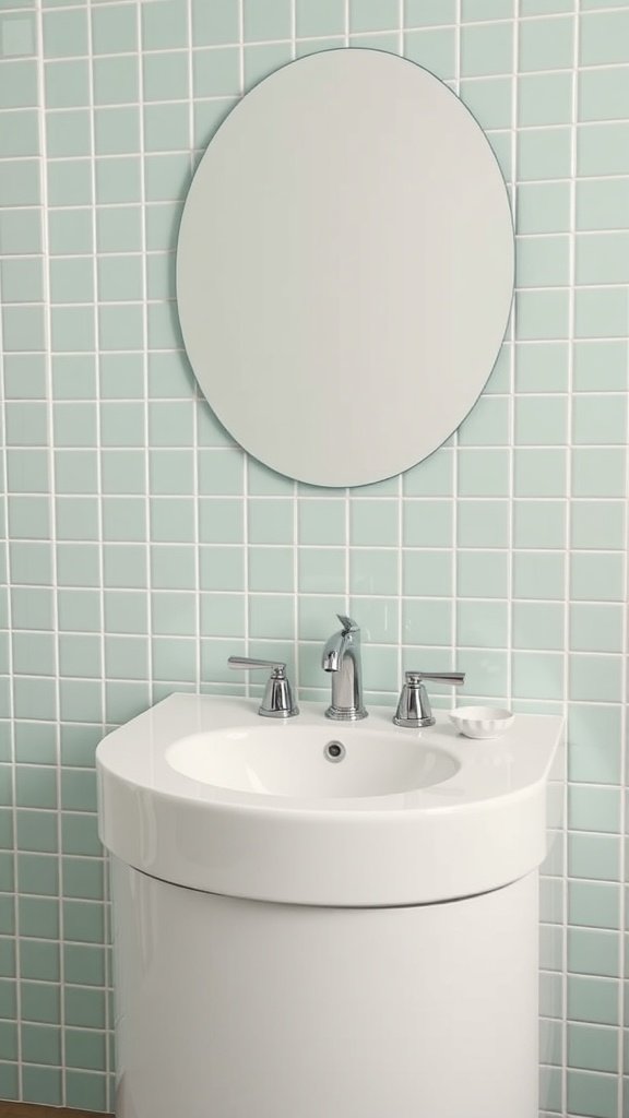 A curved vanity with an integrated sink in a mint green tiled bathroom