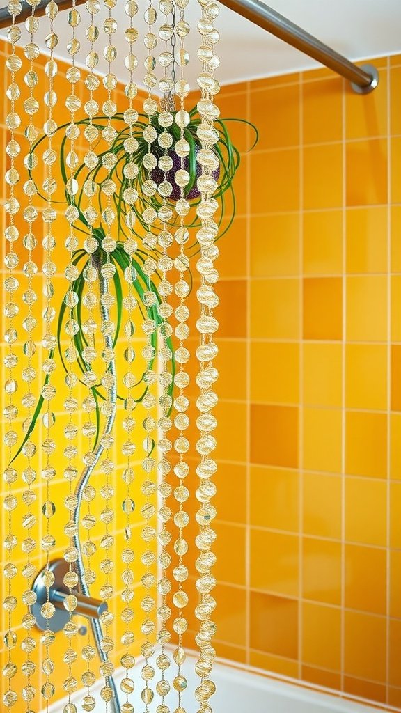 A view of a shower entry with beaded curtains and a yellow tiled wall.