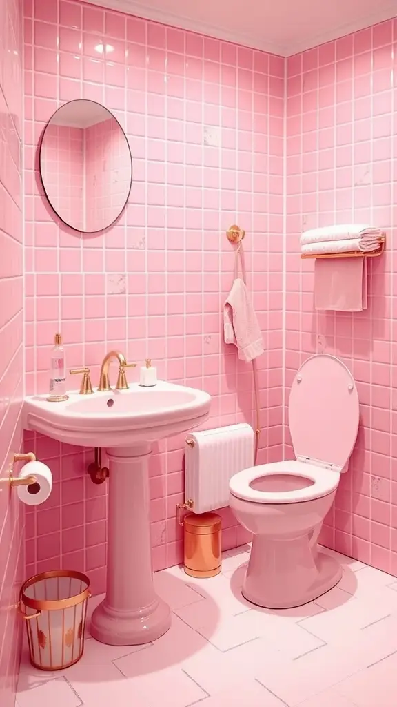 A retro pink bathroom featuring pink tiled walls, a pedestal sink, and gold accents.