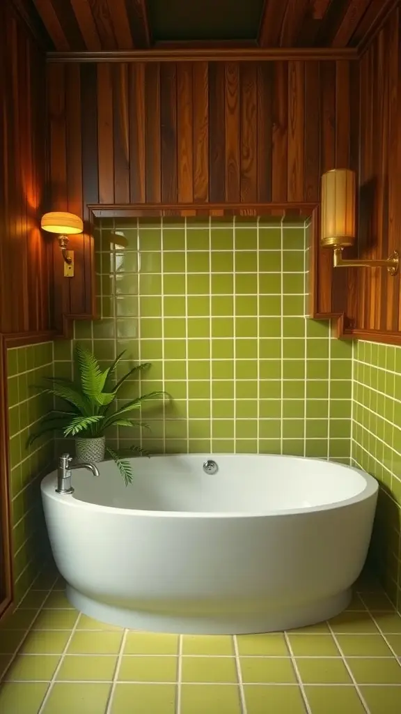 A retro-inspired bathroom featuring a sunken tub surrounded by green tiles and wooden walls.