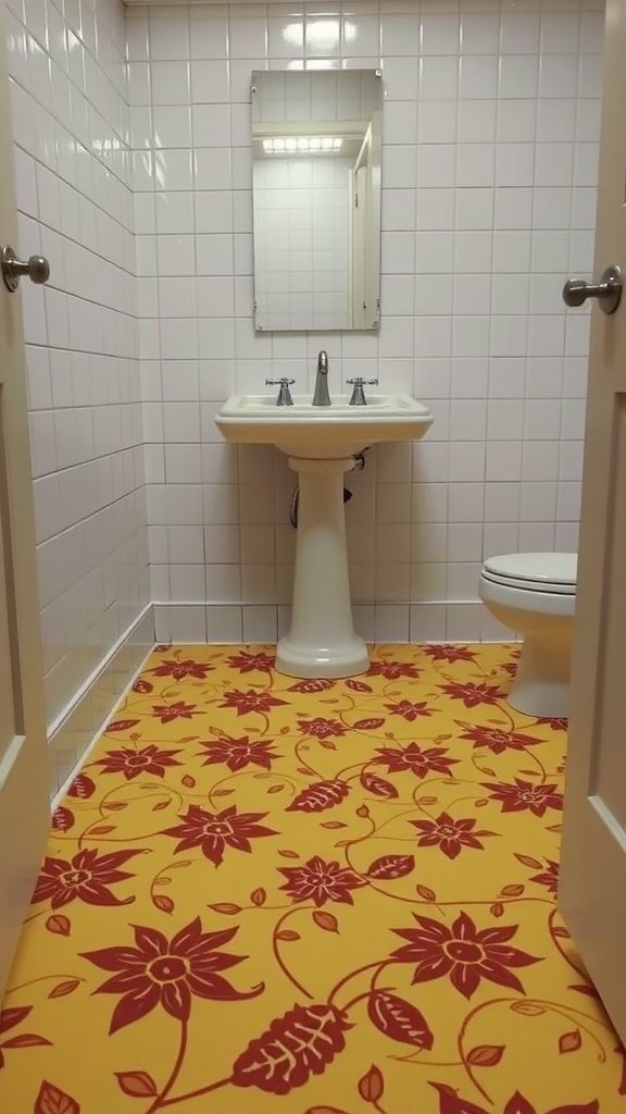 Bathroom with patterned yellow linoleum floor and white tiled walls