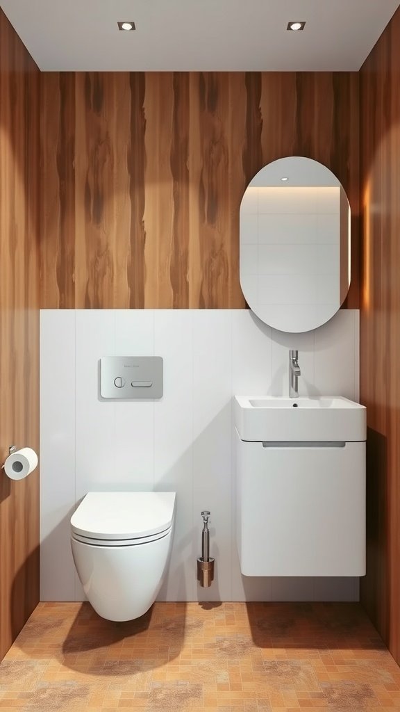 A modern bathroom featuring a floating toilet and vanity with wooden walls.