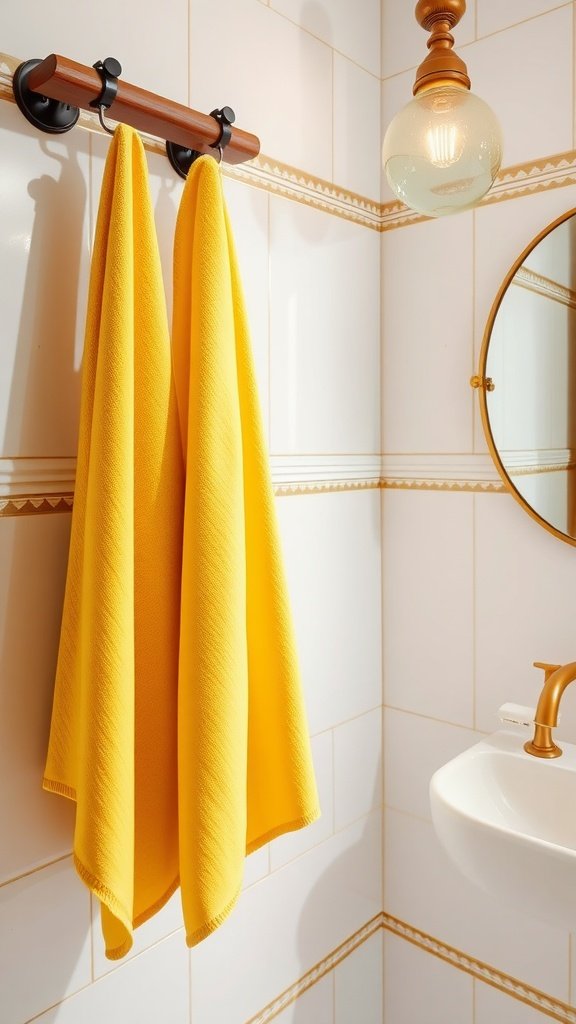 Bright yellow towels hanging in a stylish bathroom