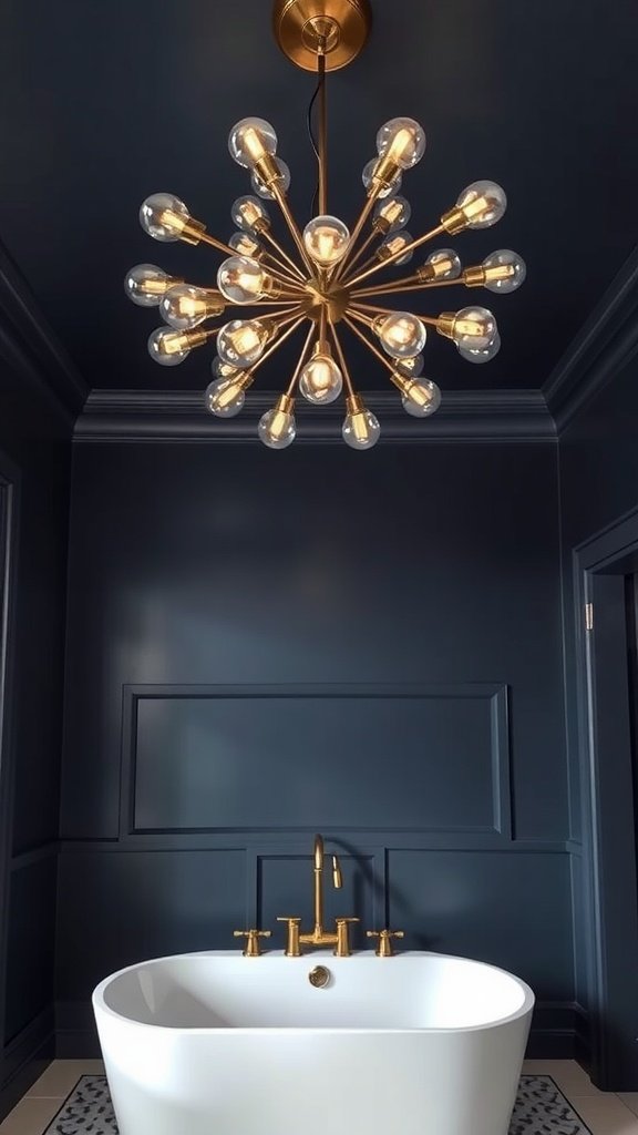 A stylish Sputnik-inspired chandelier in a modern bathroom with navy walls and a white bathtub.