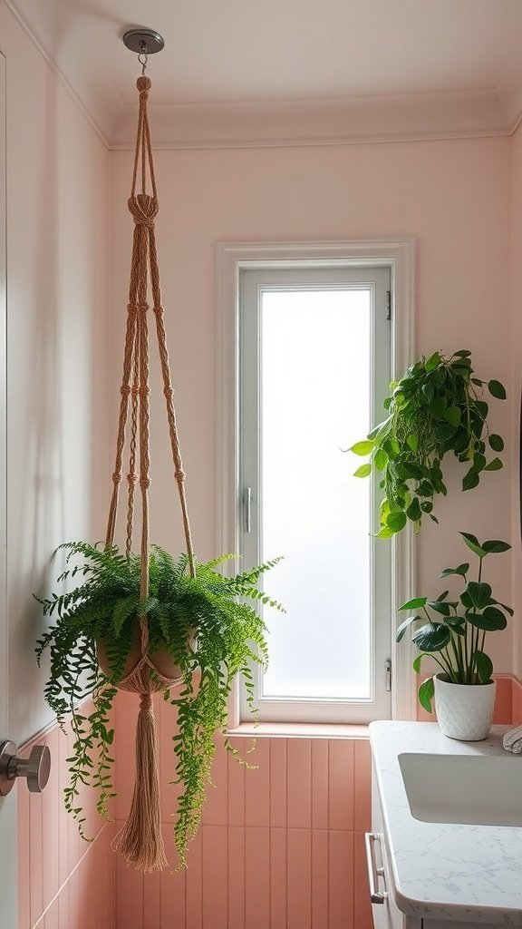 A bathroom featuring a macramé plant hanger with a fern, next to a window, and another plant on the countertop.