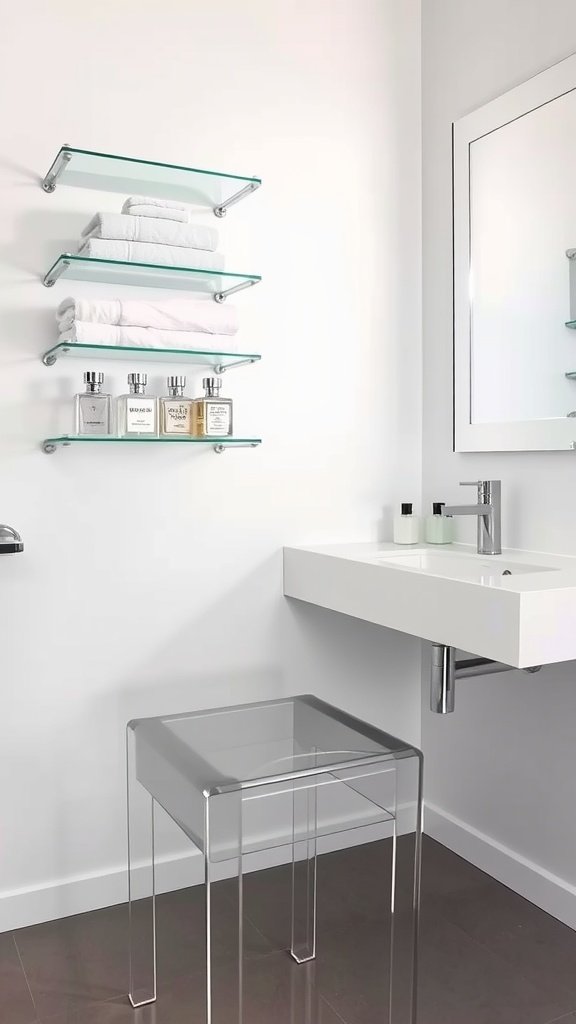 A modern bathroom featuring clear acrylic shelves and stool, showcasing towels and stylish bottles.