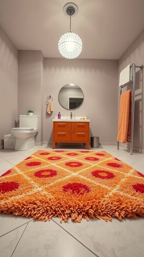 A bright orange shag rug with red patterns in a modern bathroom setting.