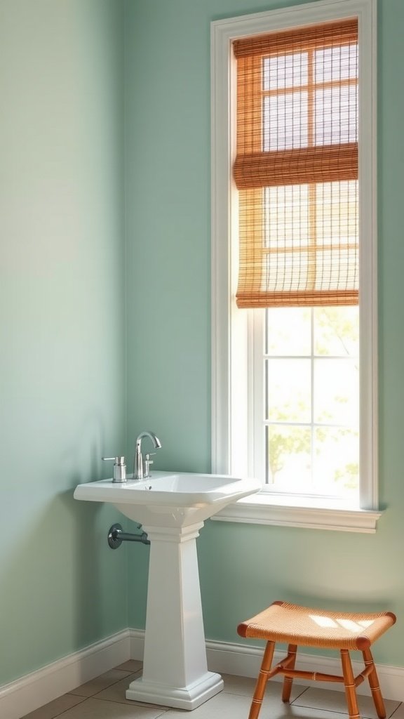 A bathroom scene featuring bamboo blinds on a window, a white pedestal sink, and a wooden stool, set against mint green walls.
