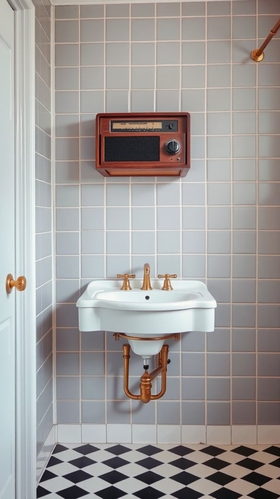 A vintage radio mounted on a wall above a white sink in a stylish bathroom.
