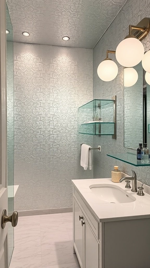 A stylish bathroom featuring metallic foil wallpaper and modern fixtures.