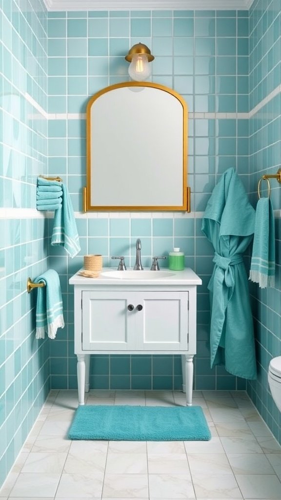 A vibrant turquoise bathroom featuring color-coordinated towels, a white vanity, and a round mirror with a golden frame.