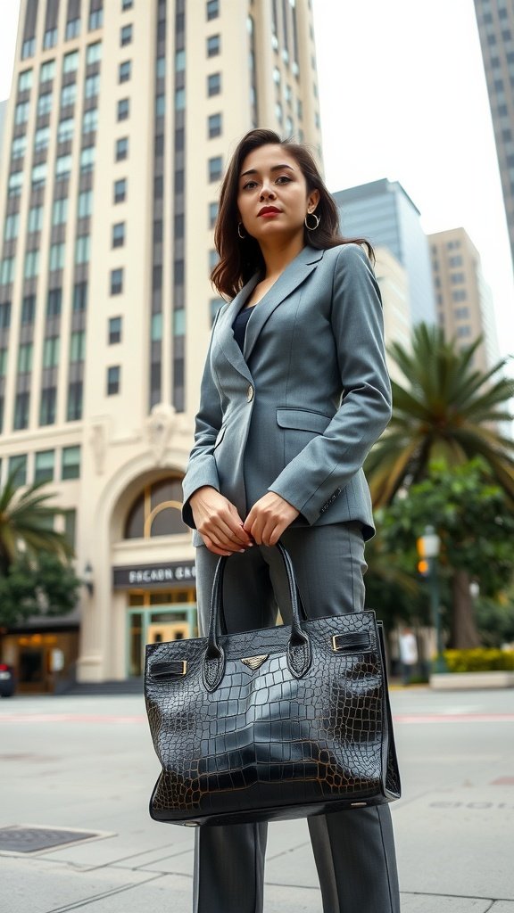 A stylish woman wearing a gray suit poses confidently on the street with a black crocodile tote bag, showcasing a modern city backdrop.
