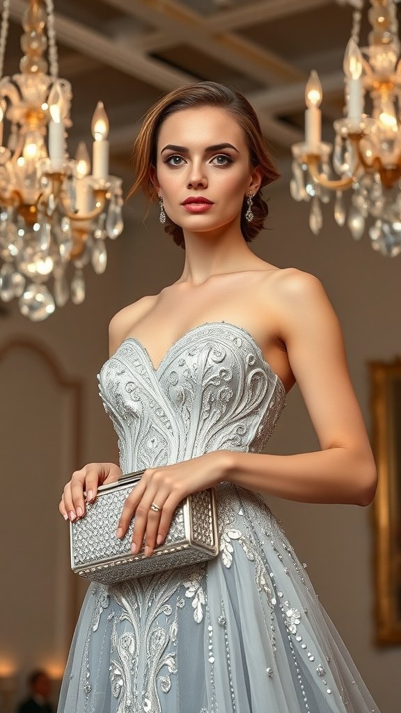 A model holding a Silver Mirror Box Clutch while wearing a stunning gown, set against a backdrop of chandeliers.
