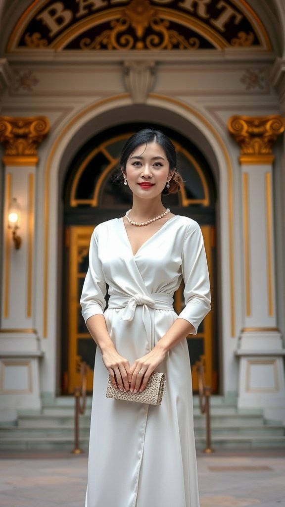 A woman in a white gown holding a pearl-embellished evening bag in front of an elegant building.