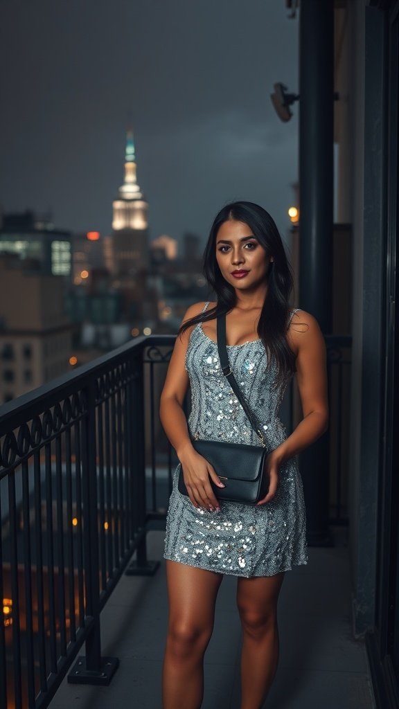 A young woman wearing a sparkling dress holds a gunmetal sling purse on a balcony with a city skyline in the background.