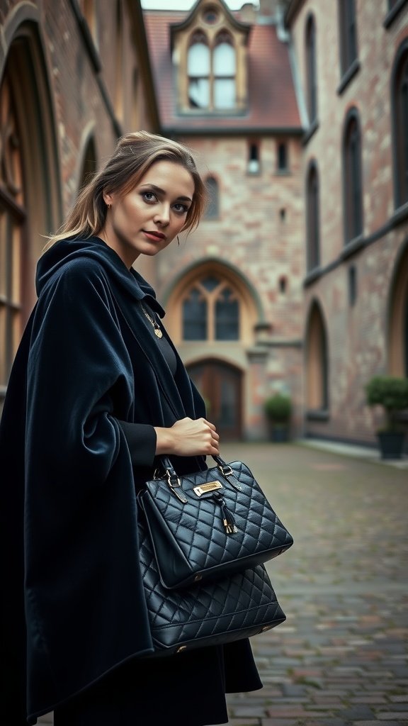 A woman in a navy cape holding a midnight blue quilted handbag, standing in a historic urban setting.