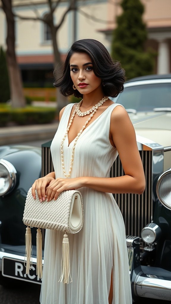 A woman in a flowing ivory dress holds an ivory beaded minaudière handbag, standing in front of a vintage car.