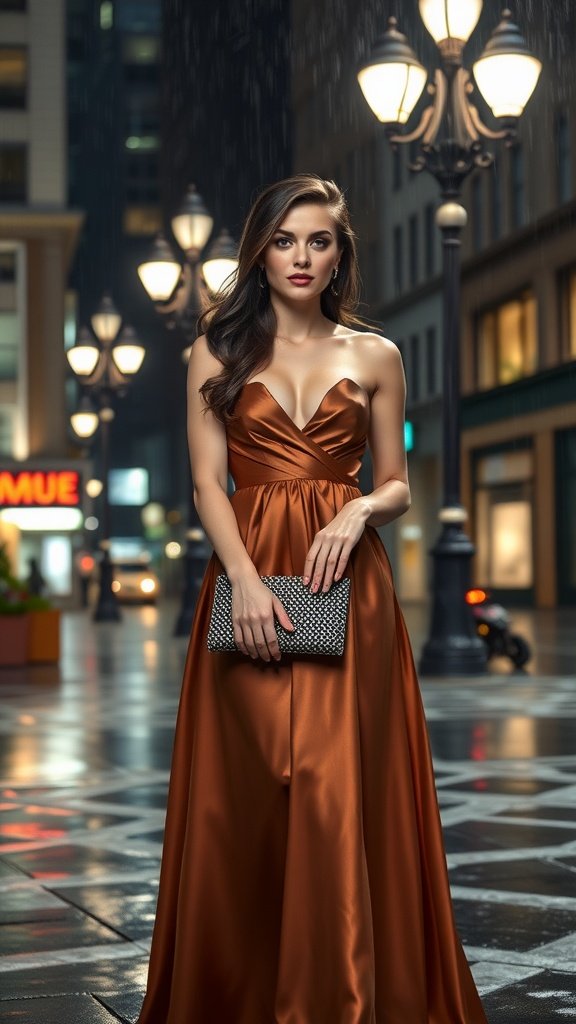A glamorous woman wearing a bronze chainmail clutch and a brown gown in a city setting with streetlights