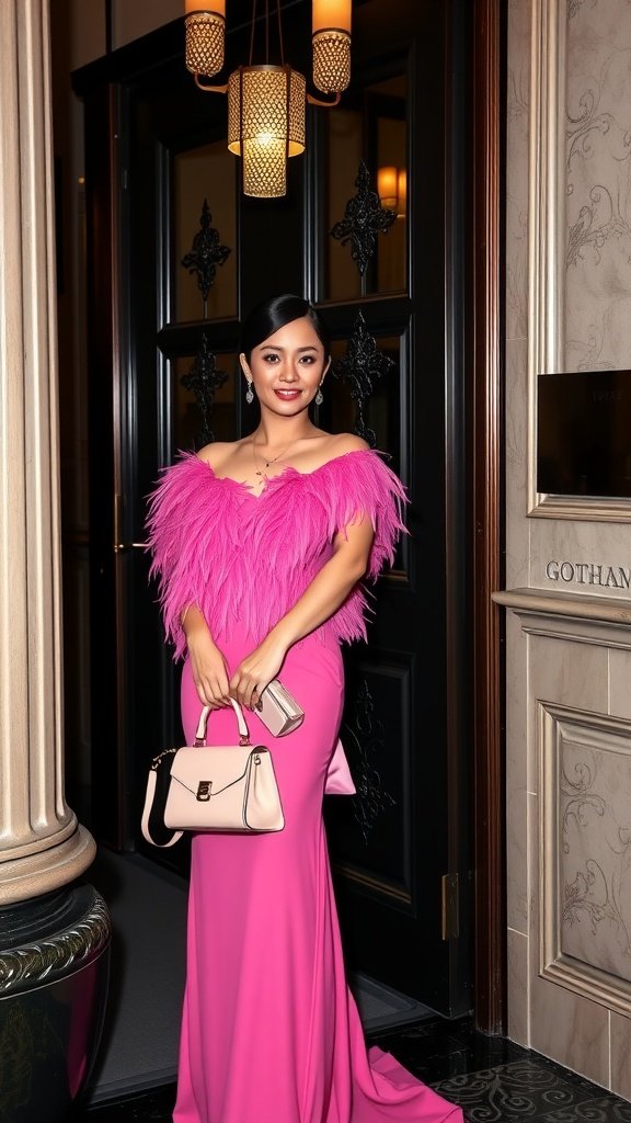 A person wearing a pink dress holding a blush patent leather bag.