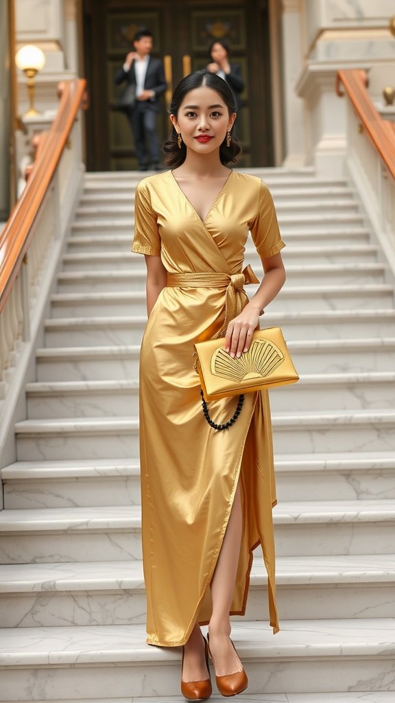 A woman in a golden dress holding a stylish golden Art Deco purse while standing on a staircase.