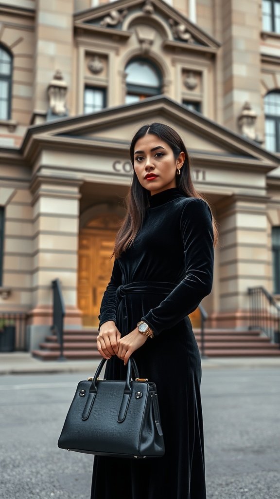 A fashionable woman holding a jet black structured handbag while wearing a black outfit in front of a classic building.