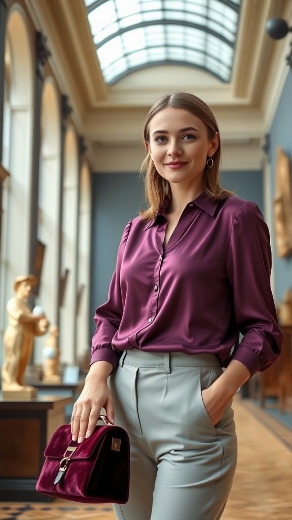 A woman in a purple blouse holding a velvet plum mini satchel in a gallery with statues.