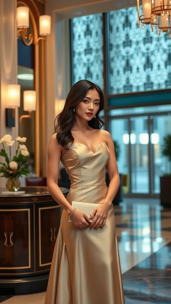 A model holding a champagne satin clutch, wearing an elegant gown, in a luxurious setting.