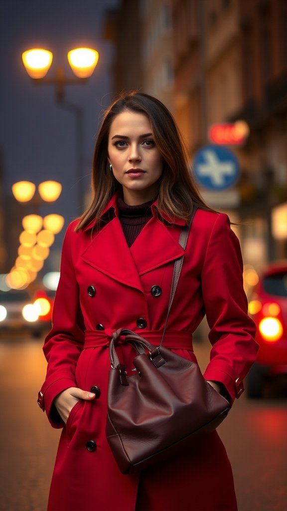 A woman wearing a red coat holding a crimson leather bucket bag in an urban setting at night.