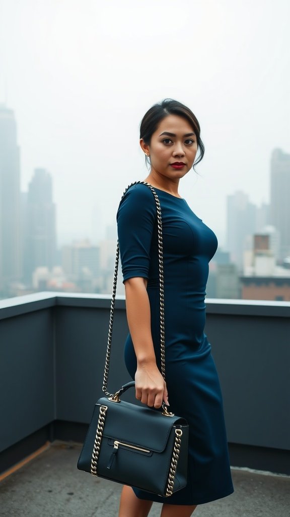 A model holding a steel blue handbag with a chain strap in a foggy city backdrop.
