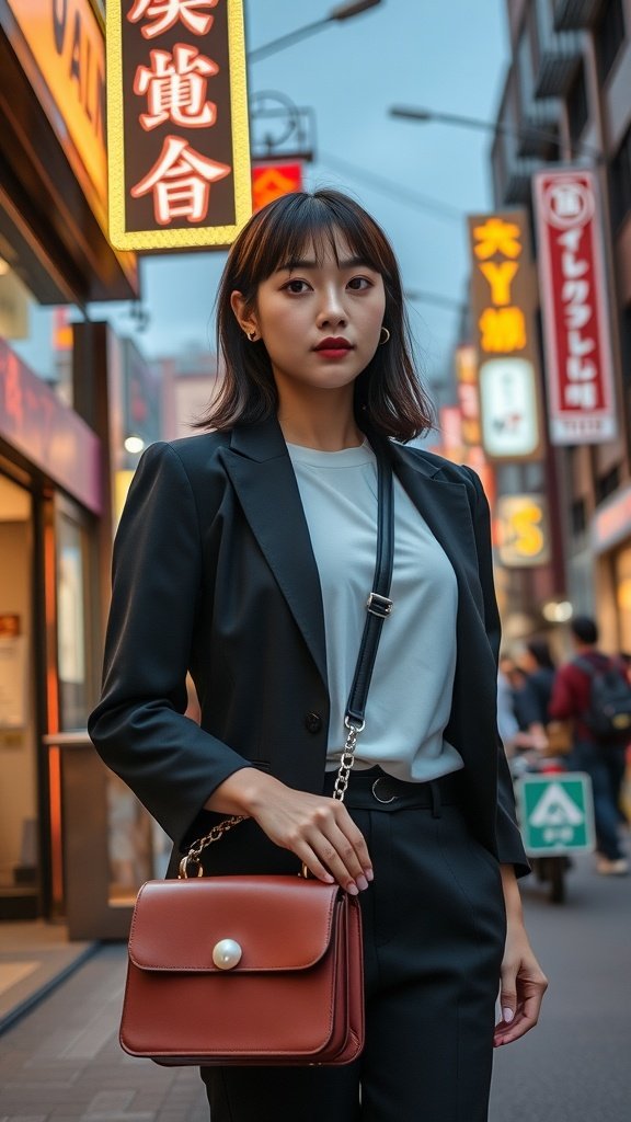 A stylish woman holding a pearl handle crossbody bag while standing in an urban setting at night.