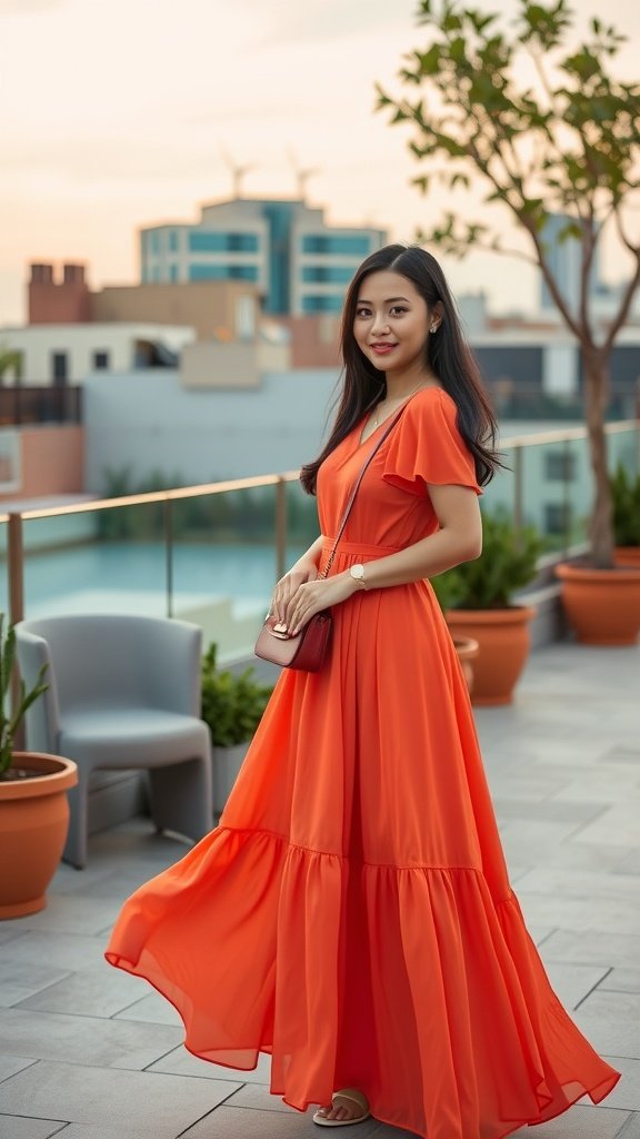A woman in a flowing orange dress holding a red mini bag against a sunset backdrop