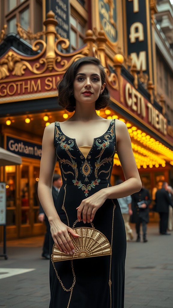 A woman in a black dress holds a gilded fan purse outside a vintage theater in Gotham City.