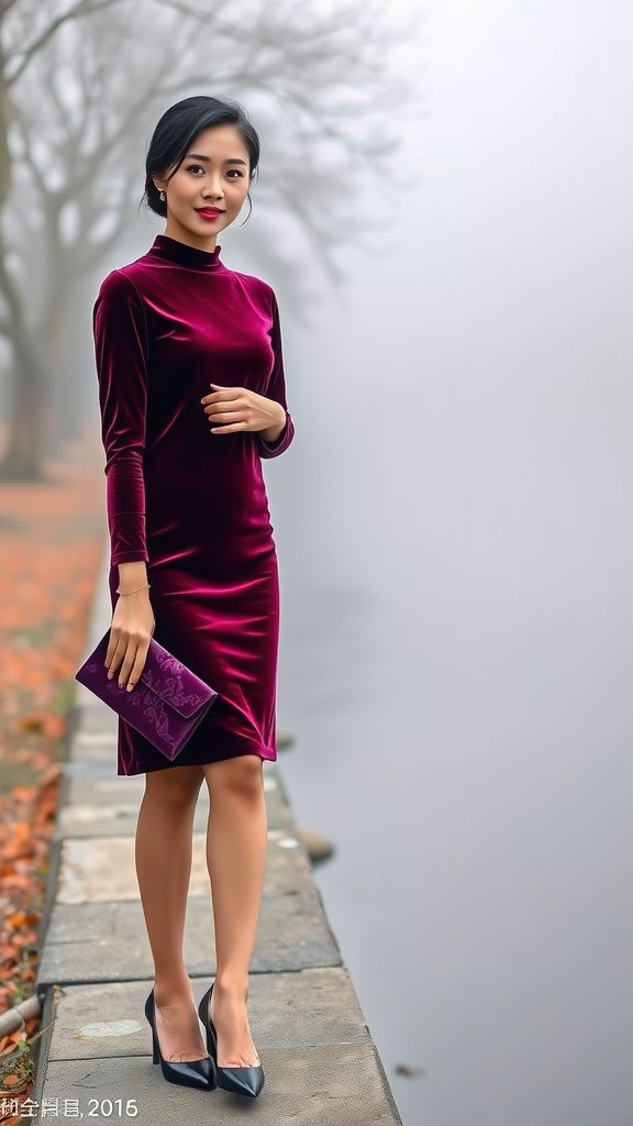 A woman in a velvet burgundy dress holding a matching clutch near a foggy waterway.
