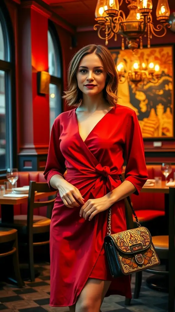 A woman in a red dress holding a Ruby Red Frame Bag with 'GOTHAM' printed on it