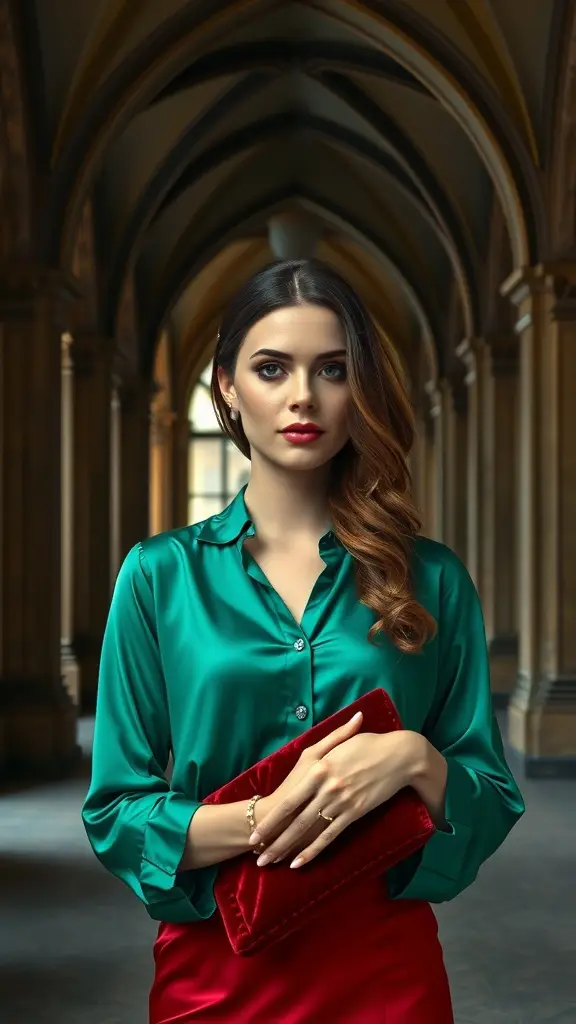 A stylish woman holding an emerald green velvet clutch, wearing a green satin blouse and a red skirt, set against a grand architectural background.