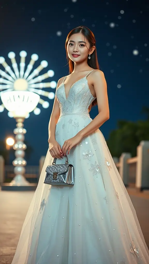 A woman in an elegant dress holds a sparkling silver handbag against a night backdrop.