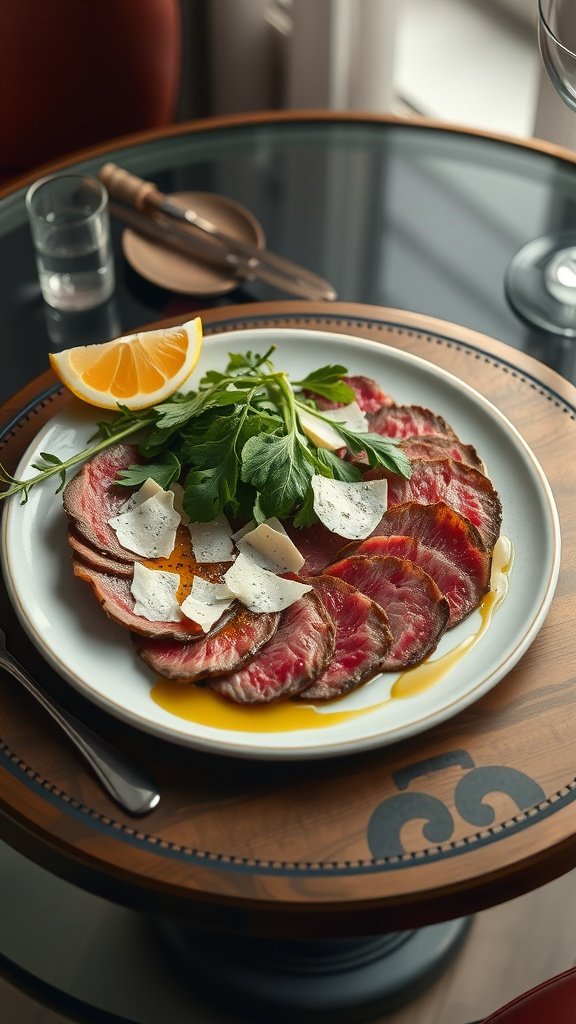 Plate of Beef Carpaccio topped with truffle oil, Parmesan cheese, and arugula, garnished with lemon