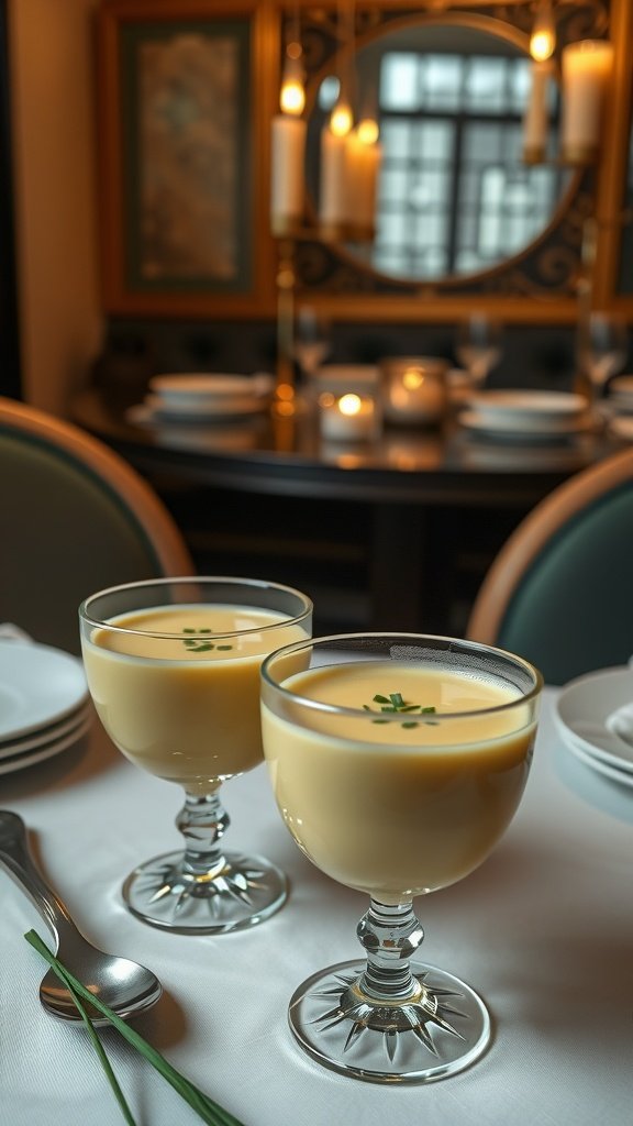 Chilled Vichyssoise served in elegant glasses with chives on top