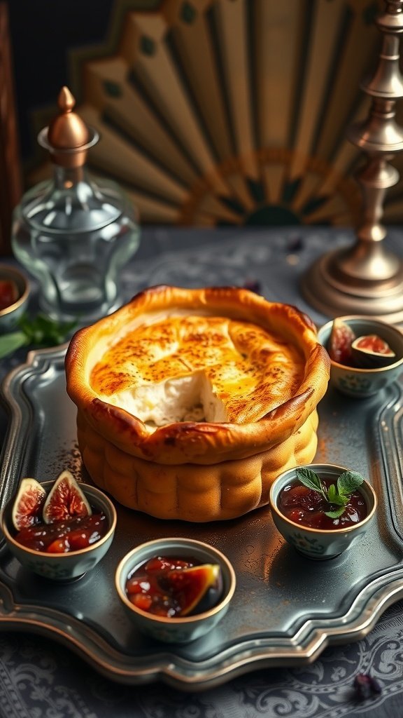 Baked Brie en Croûte served with fig jam, showcasing a flaky pastry and creamy cheese.