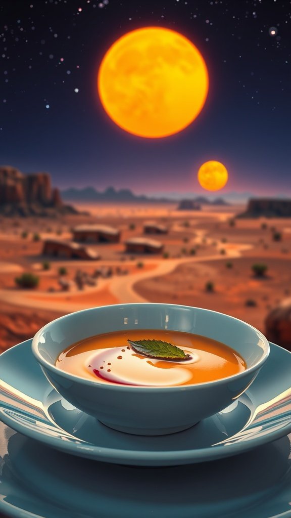 A bowl of Twin Sun Spice Custard, a creamy dessert with warm spices, served against a background of Tatooine's landscape.