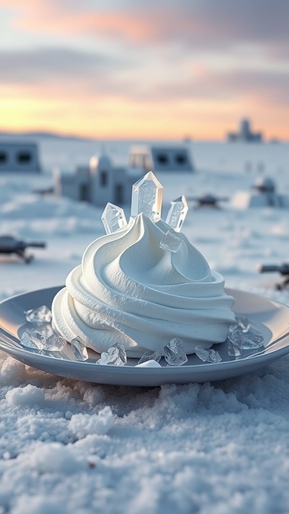 A beautifully piped meringue dessert with crystal-like decorations, evoking the icy landscape of Hoth.