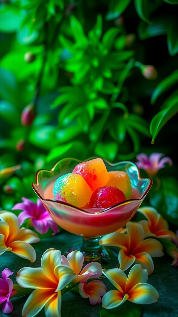 A colorful bowl of Felucian Bloom Sorbet surrounded by tropical flowers and foliage.