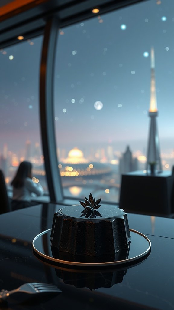 A dark, glossy ganache dessert with a star-like decoration on top, presented in a luxurious setting with a city view.
