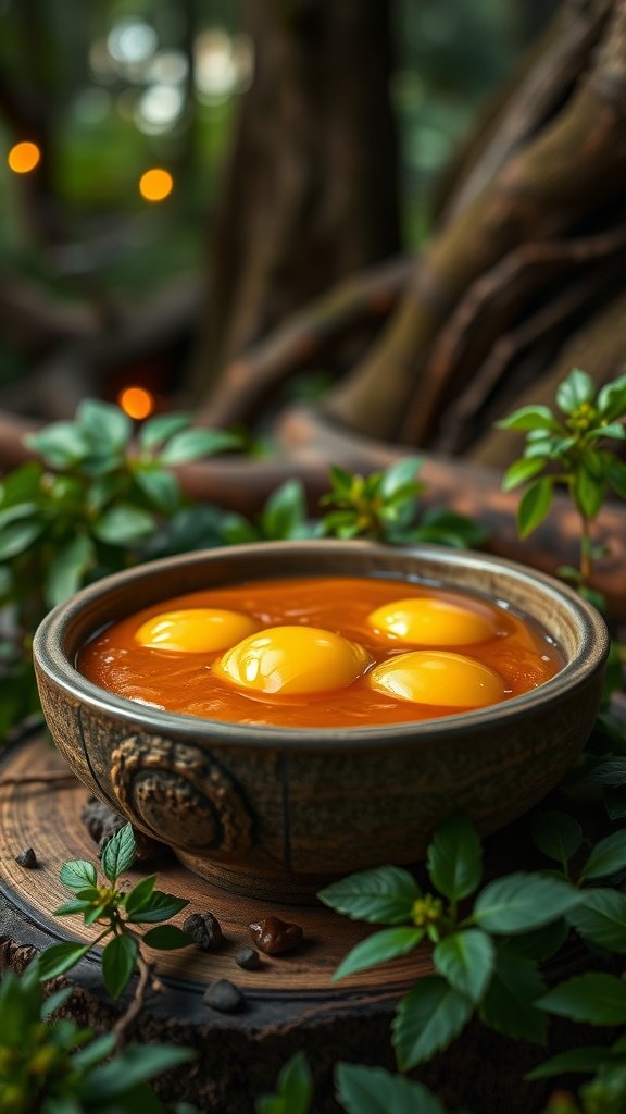 Wroshyr Sap Pudding in a rustic bowl surrounded by greenery.