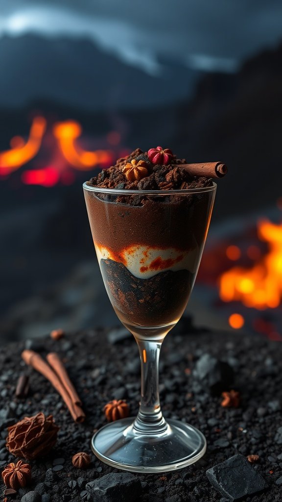 A delicious Dark Root Parfait with chocolate layers and spices, garnished with star anise and a cinnamon stick.